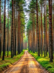 Fototapeta premium Forest road winding through dense pine forest with tall trees on both sides and a dirt path leading into the woods