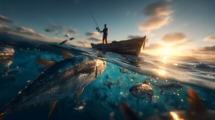 Split level view of fish swimming underwater near a fishing boat at sunset