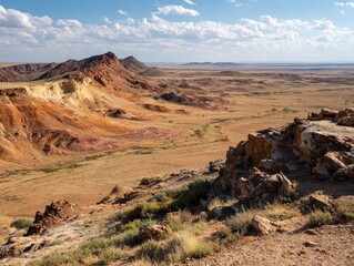 Aerial view of red desert landscape with rolling hills, whiskey rock formations, layered earth strata and sparse vegetation under vast sky, Kaltar desert nature scene.