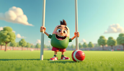 Cheerful cartoon boy smiling between rugby goalposts on a sunny field, embodying the joy of the sport