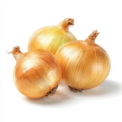 Three whole golden yellow onions isolated on pure white background, photorealistic still life with natural texture and fresh vegetable concept.