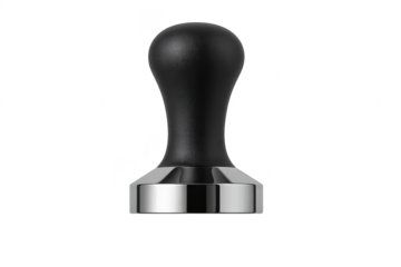 Isolated black coffee tamper on transparent background, shiny metal base
