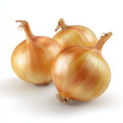 Three whole golden yellow onions isolated on pure white background, photorealistic still life with natural texture and fresh vegetable concept.