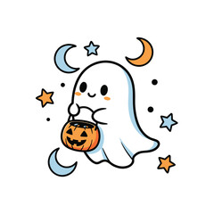 A charming ghost carrying a pumpkin bucket, surrounded by moons and stars, isolated on white background, ready for halloween trickortreating