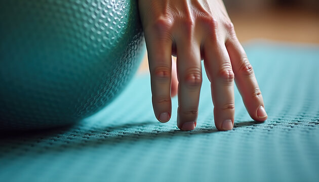 Close-up of a hand reaching for a fitness ball on an exercise mat, symbolizing dedication to health and fitness