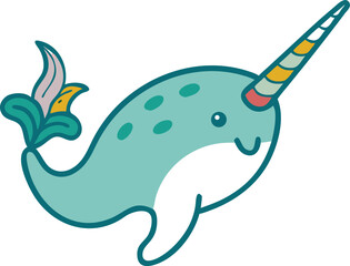 Vector illustration of a narwhal with a unicorn-like horn, set against a simple background.