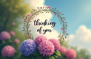 Illustration features floral wreath with Thinking of you text. Soft focus background of nature, hydrangeas, blue sky. Perfect for greeting cards, well wishes, and expressing care.