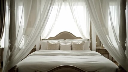 Elegant four-poster canopy bed with white drapes in a bright, luxurious bedroom. - Powered by Adobe