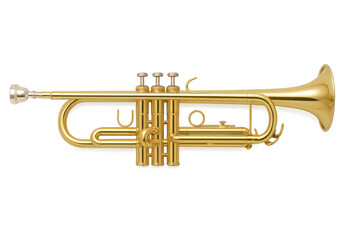 Obraz premium Shiny golden trumpet isolated on transparent background, brass instrument