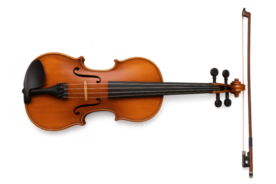 Isolated Violin with Bow on Transparent Background, musical instrument cutout
