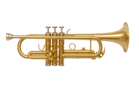 Detailed gold trumpet isolated on a transparent background, brass instrument