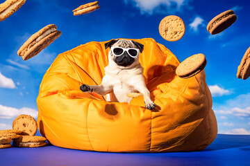 Cool Pug Dog Wearing Sunglasses Relaxes in Orange Bean Bag with Flying Cookies