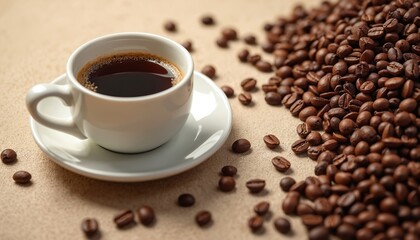Aromatic roasted coffee beans surround white cup of dark, hot brew. This invigorating beverage provides morning energy and delicious breakfast flavor. Rich caffeine stimulant with warm brown texture.