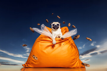 Cool Pug Dog with White Sunglasses on Orange Bean Bag Chair with Floating Chocolate Chip Cookies
