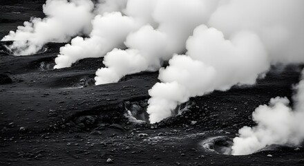 geothermal steam vents volcanic landscape black white