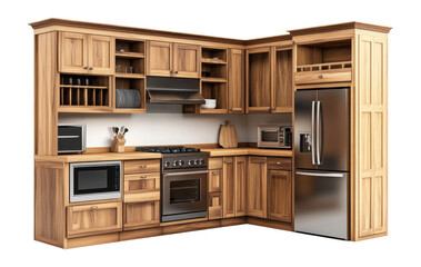 PNG Farmhouse L-shape kitchen appliance microwave cabinets.