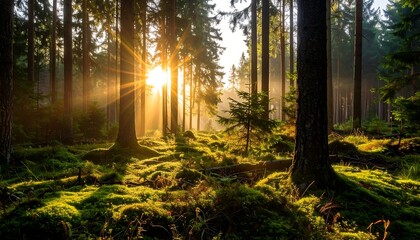 Fototapeta premium Sunrise in a misty forest