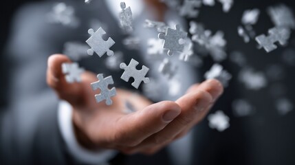 Puzzle pieces levitate above an open hand, promising strategic solutions