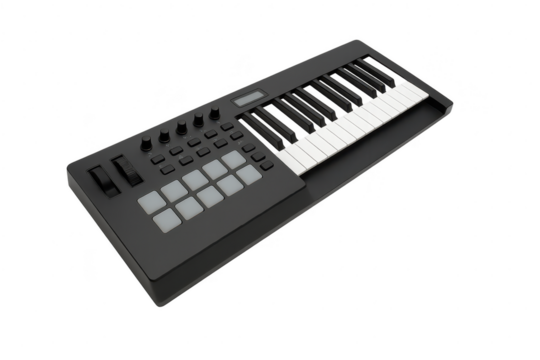 Black MIDI keyboard controller isolated on transparent background, music instrument