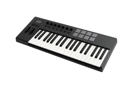 Modern MIDI keyboard controller isolated on a transparent background for music production, black finish