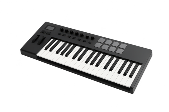 Modern MIDI keyboard controller isolated on a transparent background for music production, black finish