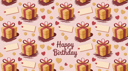 Illustrated happy birthday background with gifts hearts and tags in a repeating pattern design