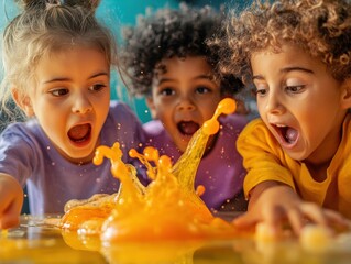 Children enjoying a colorful splash of orange liquid during a playful activity indoors