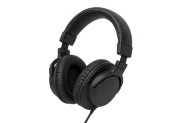 Professional black over-ear headphones isolated on transparent background studio shot
