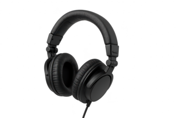 Black studio headphones isolated on transparent background, audio equipment