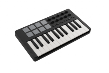 Black MIDI keyboard controller isolated on transparent background, music gear