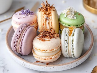 Colorful assortment of macarons displayed on a plate with floral decorations in a light and airy setting