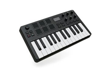 Fototapeta premium Black MIDI keyboard controller isolated on transparent background for music.