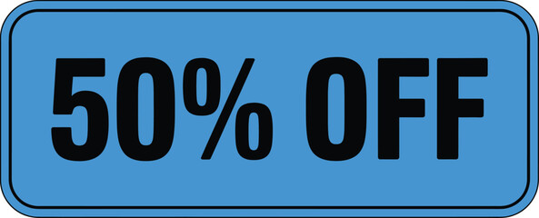 A blue fifty percent off sign on a white background