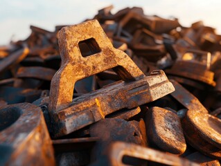 Rusty metal fragments scattered under warm sunset light at a junkyard full of discarded materials