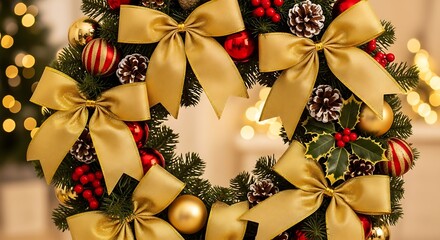 Festive christmas wreath adorned with golden bows, ornaments, pine cones, and berries, creating a warm and inviting holiday decoration for the season