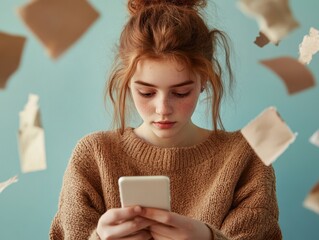 Young girl focused on smartphone surrounded by floating papers in a minimalist blue room
