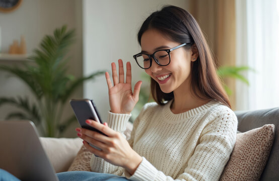 Happy Asian woman in glasses waves hello during video conference call with client. Smiling businesswoman works remotely from home living room couch, using smartphone and laptop for job.