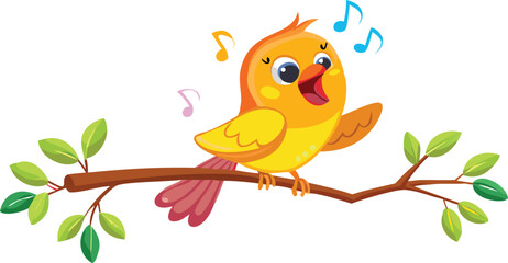 A cartoon bird joyfully singing on a branch, surrounded by green leaves and a bright blue sky.
