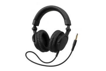 Black over-ear headphones with gold jack, isolated on transparent for design.