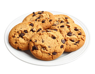 A plate holds freshly baked chocolate chip cookies against a white background