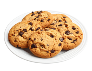 A plate holds freshly baked chocolate chip cookies against a white background