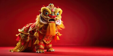 Lion dance costume on red background with golden accents and intricate patterns