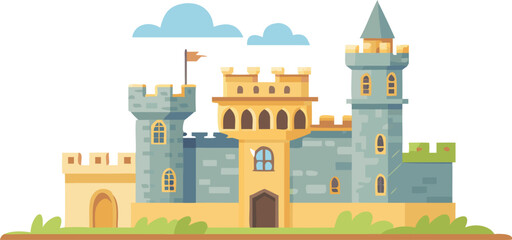 An illustration of a castle featuring a tall tower, surrounded by a scenic landscape.
