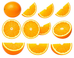 A set of sliced and whole oranges on a white isolated background. Round and half roun