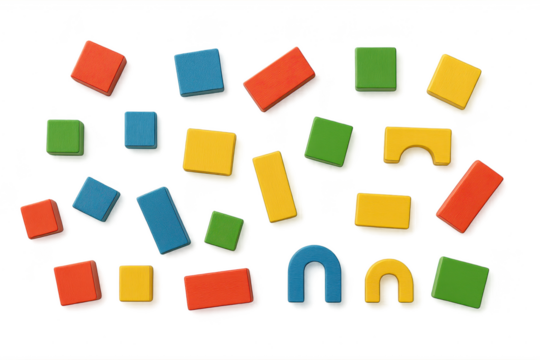 Assortment of vibrant colorful building blocks on transparent background