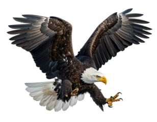 Bald eagle in mid-flight, isolated on transparent cutout background
