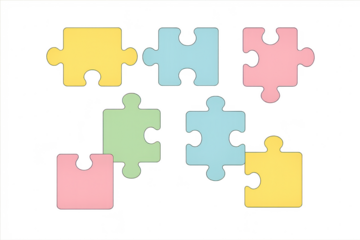 Vibrant colorful puzzle pieces scattered, isolated on transparent background