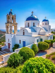 Whitewashed Cycladic church with blue domes and wooden beams in a lush green garden on Sifnos island