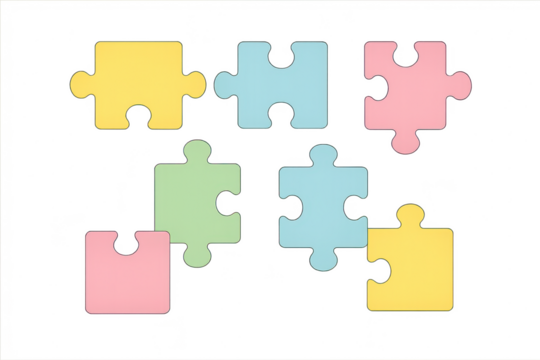 Vibrant colorful puzzle pieces scattered, isolated on transparent background