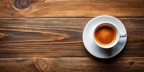 Top view of a cup of espresso coffee on wooden table background